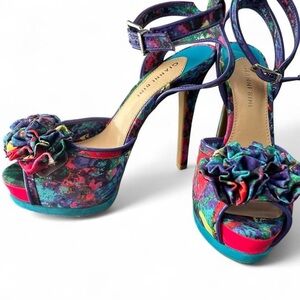 Gianni Bini Watercolor Platform Heels • Ruffle Peep Toe • Size 7.5